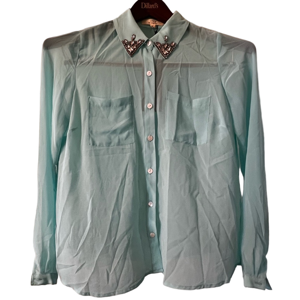 Iris Light Blue Button Down Shirt with Embellished Collar S